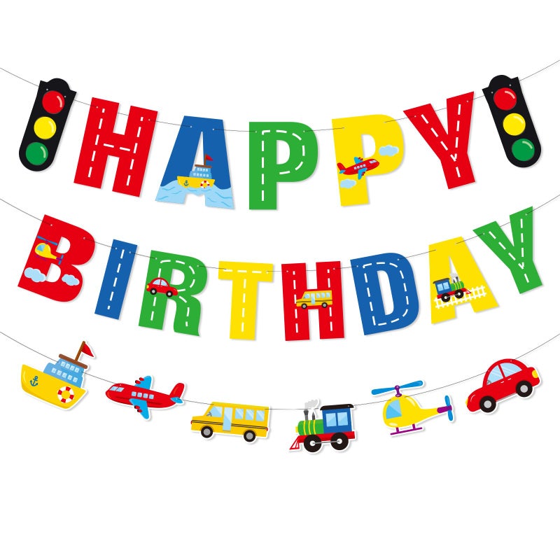 Faisichocalato Transportation Happy Birthday Banner Car Bus Train Plane Ship Helicopter Traffic Light Photo Props Garland for Kids Transportation Theme Birthday Party Decorations Baby Shower Supplies - Image 1